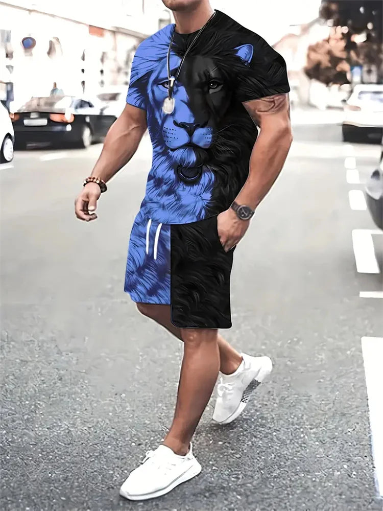 Camiseta e calções com estampa besta leão masculina, impressão 3D de bloqueio colorido, fato esportivo gola o, rua casual, verão, novo