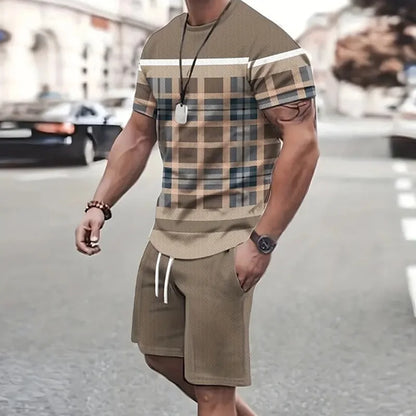Conjunto de camiseta e shorts estampados em retalhos 3D masculino, traje de treino gola redonda, roupas esportivas casuais, roupas de manga curta, moda verão, 2 peças, 2024