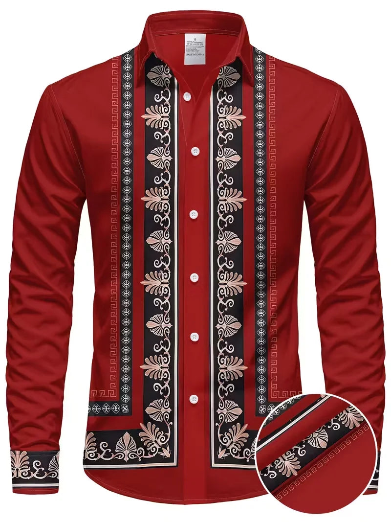 Nova camisa masculina de manga comprida com padrão geométrico – estilo primavera-outono, gola moderna e retrô, camisa com botões. Envio rápido.