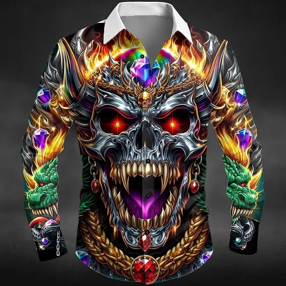 Nova camisa masculina de manga comprida com estampa de caveira para Halloween, camisa com gola 3D adequada para primavera, outono e inverno