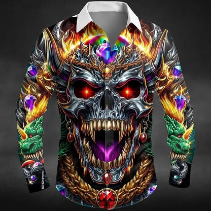 Nova camisa masculina de manga comprida com estampa de caveira para Halloween, camisa com gola 3D adequada para primavera, outono e inverno