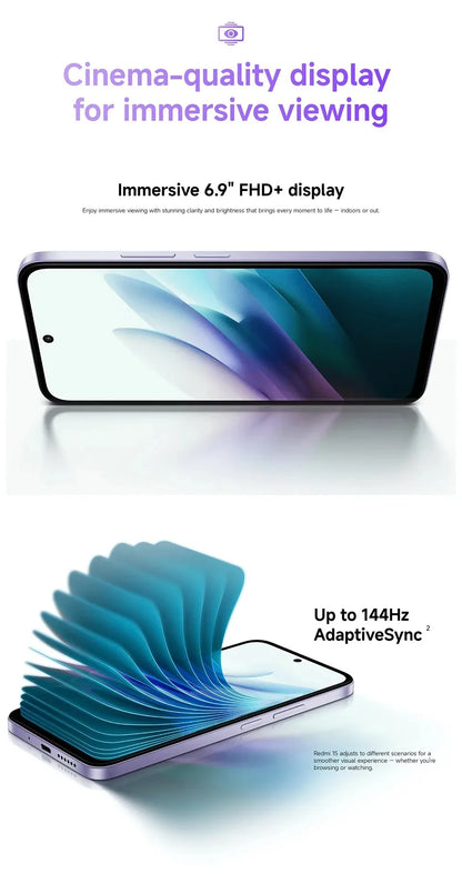 【Marca +】Redmi 15 Versão Global Smartphone 6,9" 50MP 7000mAh bateria 33W carregamento rápido IP64 Snapdragon ®   685 Plataforma Móvel