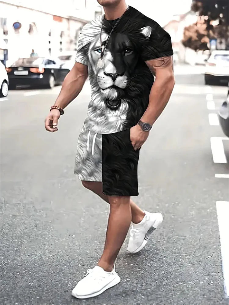 Camiseta e calções com estampa besta leão masculina, impressão 3D de bloqueio colorido, fato esportivo gola o, rua casual, verão, novo