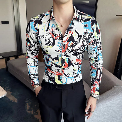 Camisa Coreana Estampada Masculina, Manga Comprida, Fina, Vestido, Festa, Negócios, Social, Boutique, Luxo, Primavera, Outono, 6XL
