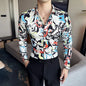 Camisa Coreana Estampada Masculina, Manga Comprida, Fina, Vestido, Festa, Negócios, Social, Boutique, Luxo, Primavera, Outono, 6XL