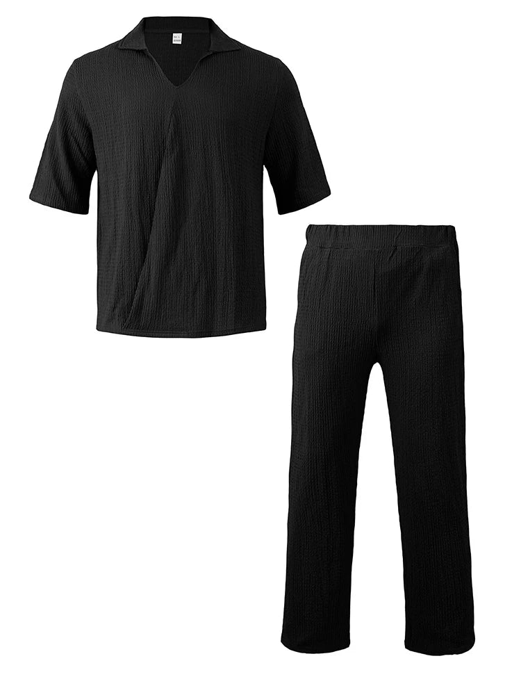 Moda verão roupas texturizadas para homens casual respirável camisa e calças duas peças define lazer masculino ternos de cor sólida