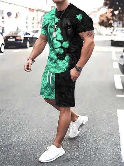 Camiseta e calções com estampa besta leão masculina, impressão 3D de bloqueio colorido, fato esportivo gola o, rua casual, verão, novo