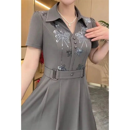 Mulheres estilo ocidental vestido verão primavera nova moda high-end lantejoulas vestidos longos mãe de meia idade elegante magro vestidos mujer