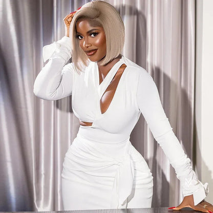 Elegante vestido de manga comprida bodycon feminino, Oco Out, Com Renda, Sem Costas, Atadura, Preto, Branco, Clube, Festa