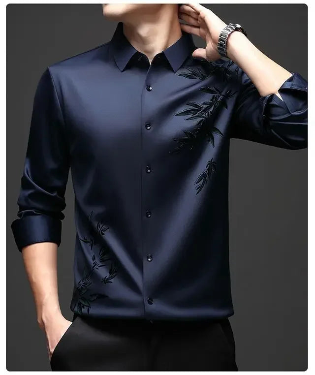 Outono inverno mais lã camisas masculinas impressão anti-rugas térmica turn-down colarinho manga longa banquete único breasted topos