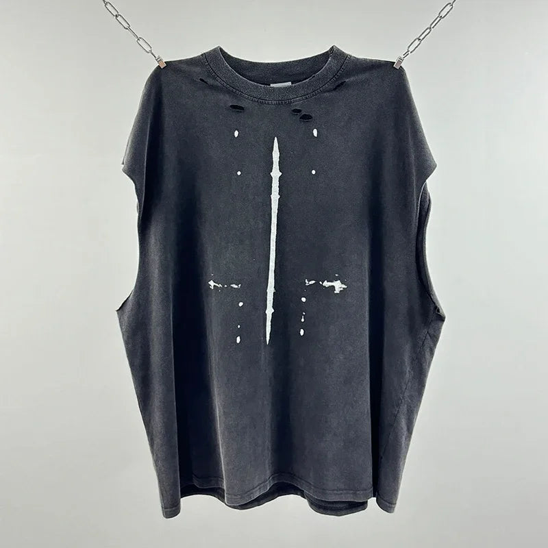 Crânio vermelho impressão de dedo buraco danificado saint tanque t das mulheres dos homens streetwear colete de grandes dimensões vintage washe preto sem mangas t camisa