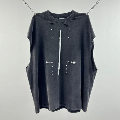 Crânio vermelho impressão de dedo buraco danificado saint tanque t das mulheres dos homens streetwear colete de grandes dimensões vintage washe preto sem mangas t camisa