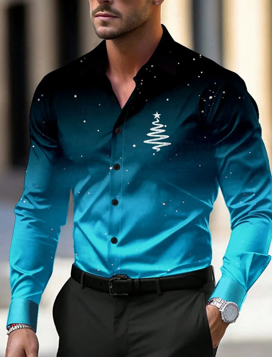 Tema de natal masculino árvores de natal logotipo impresso camisas floco de neve gradiente gráficos botão acima camisas de manga longa moda topos