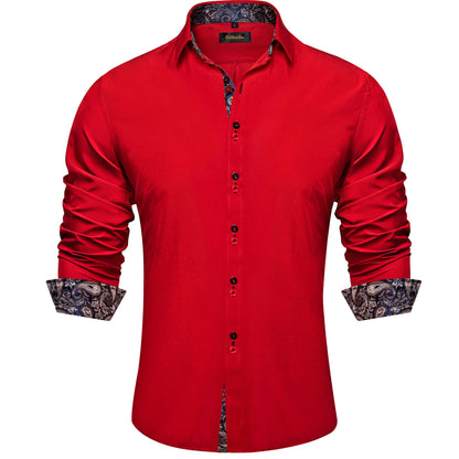 DiBanGu Camisa Masculina de Manga Longa Preto Sólido Vermelho Paisley Cor Contraste Moda Vestido Camisa para Homens Gola Botão para baixo Roupas Masculinas