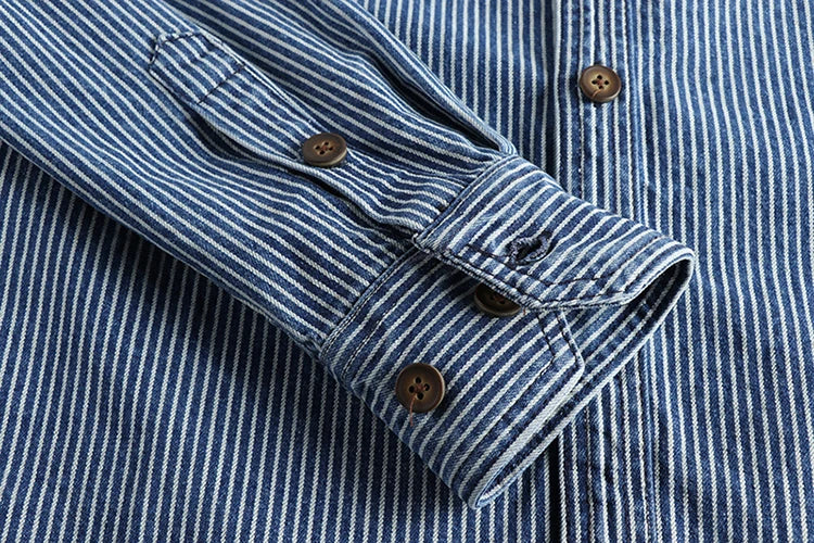 Camisa jeans vintage para homens, moda europeia e americana, casaco casual, tecido listrado com fios tingidos, lavado