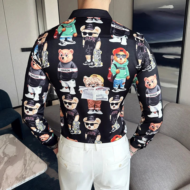 Camisa Coreana Estampada Masculina, Manga Comprida, Fina, Vestido, Festa, Negócios, Social, Boutique, Luxo, Primavera, Outono, 6XL