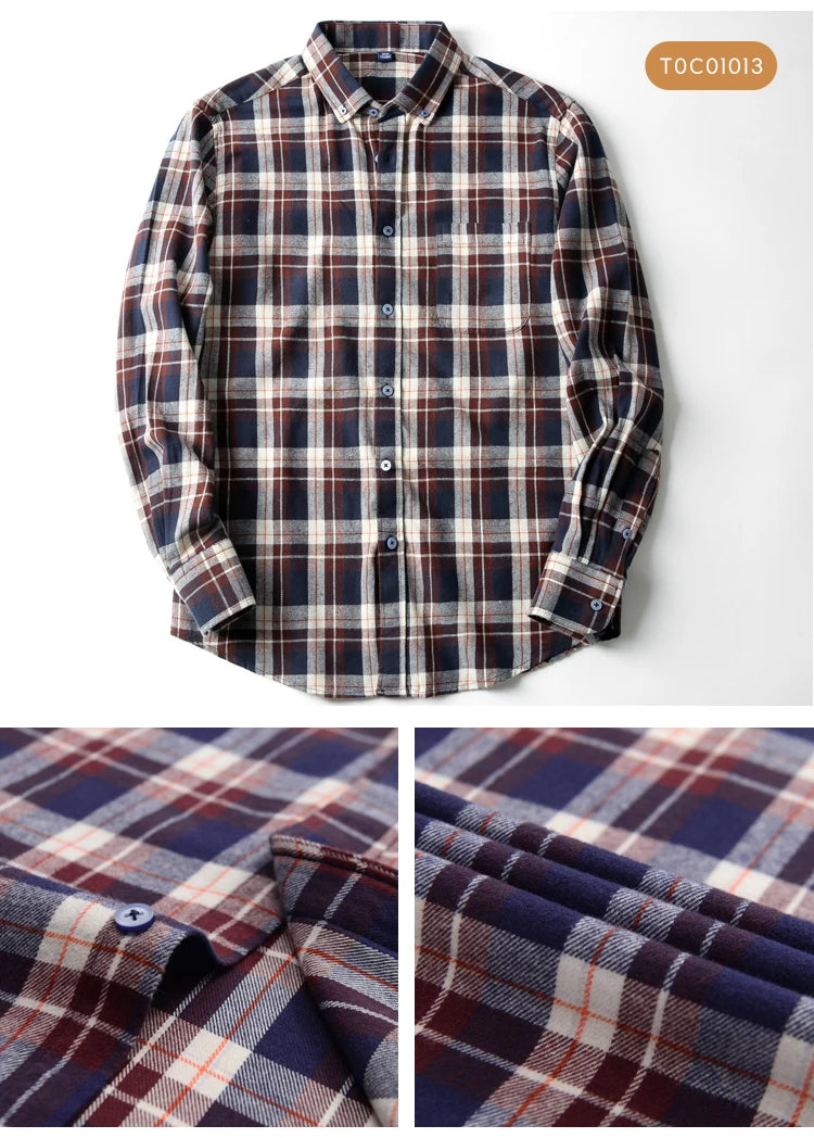 Moda masculina casual xadrez escovado camisa de manga longa, confortável 100% algodão botão para baixo fino ajuste grosso flanela camisas de outono