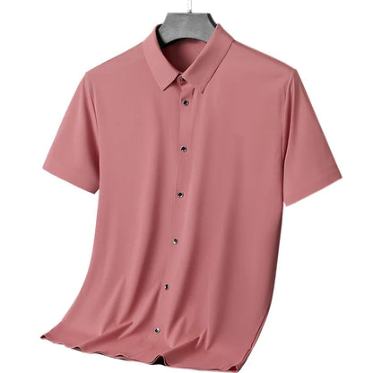 Nova alta qualidade de seda gelo negócios masculinos casual camisa de manga curta verão ultra-fino respirável esportes ao ar livre cor sólida topo