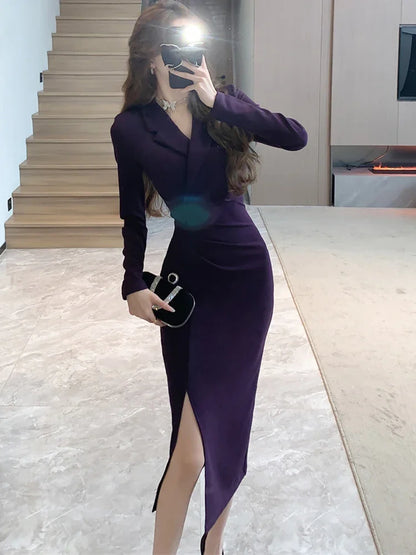 Purpled elegante plissado bodycon terno vestido para mulher 2025 moda coreana vestido formal outono inverno chique sob medida vestido de ocasião