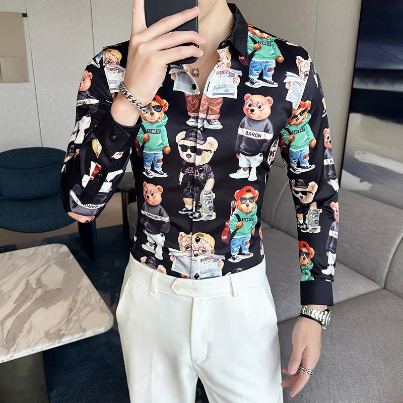 Camisa Coreana Estampada Masculina, Manga Comprida, Fina, Vestido, Festa, Negócios, Social, Boutique, Luxo, Primavera, Outono, 6XL