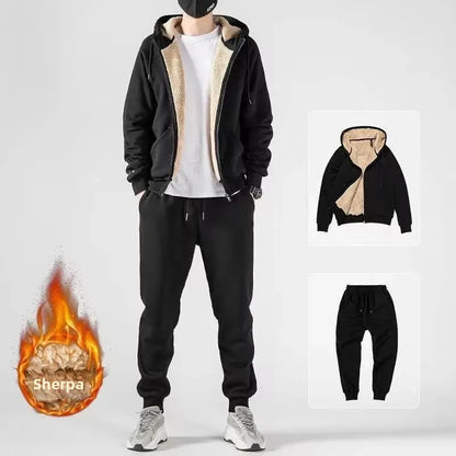 Moda masculina forrado de lã engrossado cardigan moletom com capuz terno esportivo outono/inverno conjunto casual ao ar livre