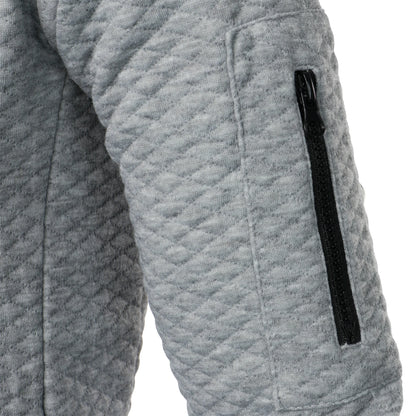 Top masculino com zíper waffle, gola stand, capuz casual, outono e inverno