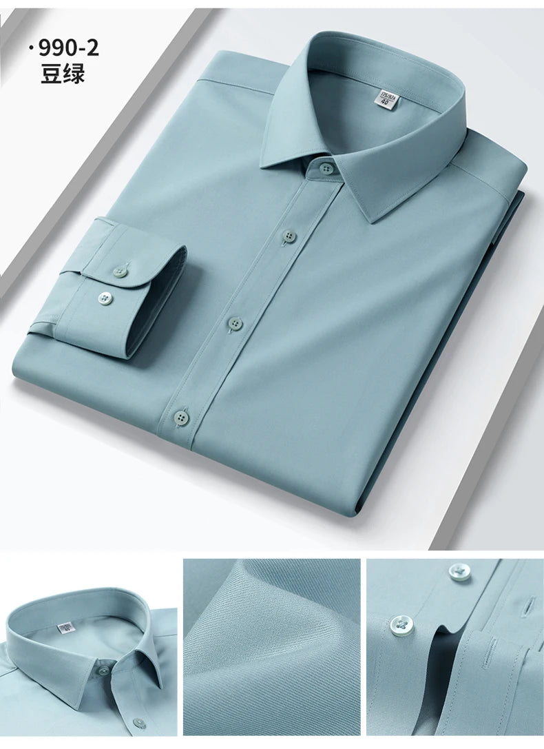 Camisa elástica anti-rugas masculina, manga comprida, slim fit, blusa social e de negócios, vestido branco, qualidade