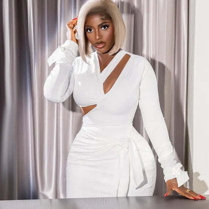 Elegante vestido de manga comprida bodycon feminino, Oco Out, Com Renda, Sem Costas, Atadura, Preto, Branco, Clube, Festa