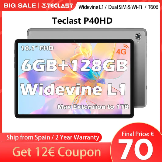 Teclast P40Hd, Tablet Android 12/13, 10,1 polegadas, 4/6/8Gb Ram, 128Gb Rom, Unisoc T606, 8 núcleos, Mali-G57, 1920X1200 Ips, 6000Mah, 13Mp+5Mp, suporta Tf até 1Tb, Corpo de metal, Gps, Tipo C,