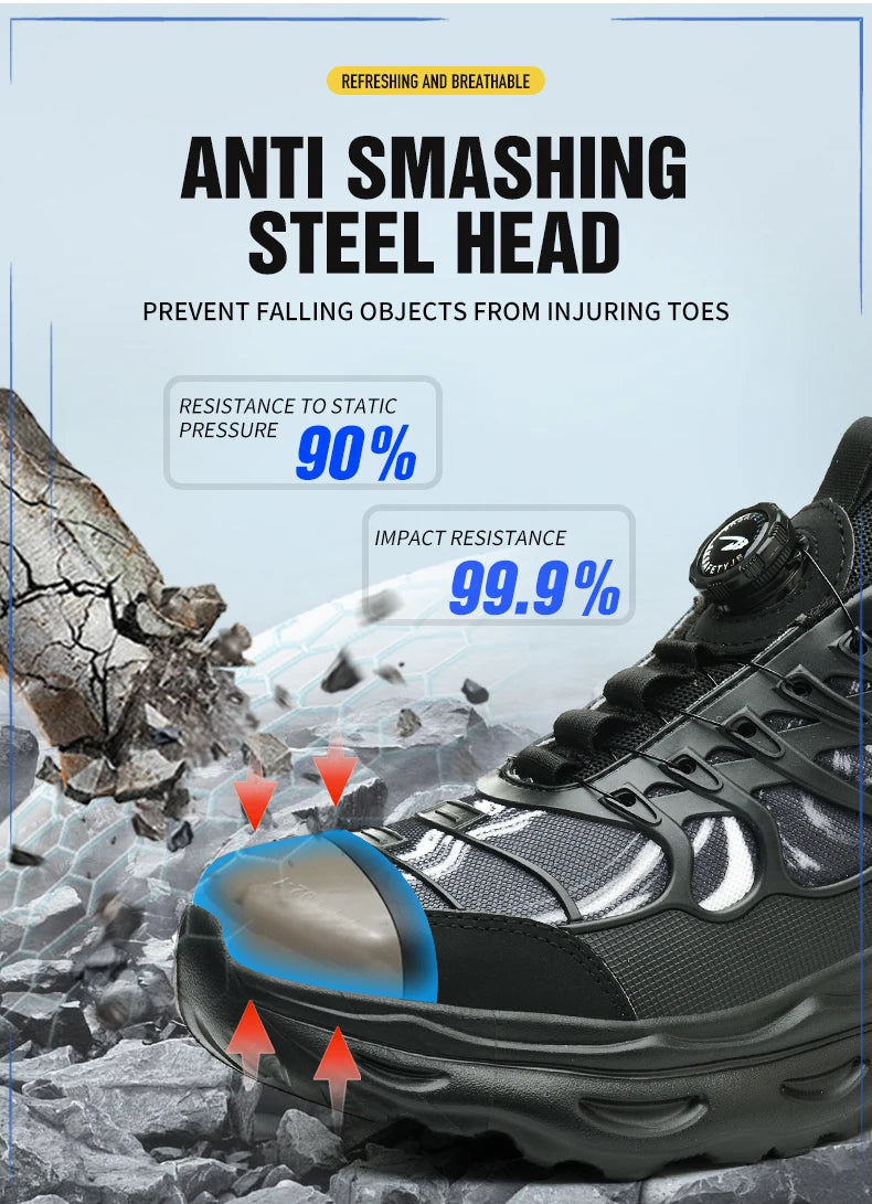 2025 botão rotativo sapatos de segurança homens anti esmagamento anti piercing sapatos de trabalho homens sapatos de dedo do pé de aço antiderrapante sapatos indestrutíveis