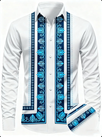 Nova camisa masculina de manga comprida com padrão geométrico – estilo primavera-outono, gola moderna e retrô, camisa com botões. Envio rápido.