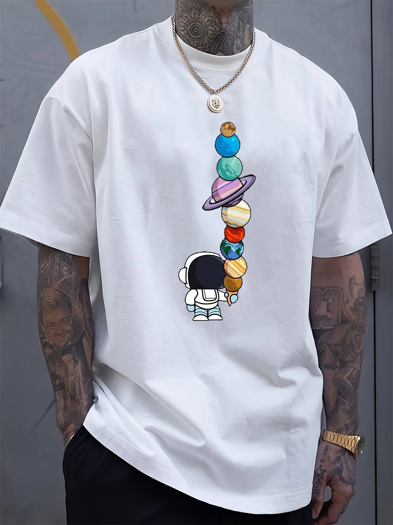 Verão masculino 100% algodão moda casual solto poliéster astronauta planeta padrão impresso em torno do pescoço manga curta camiseta topo
