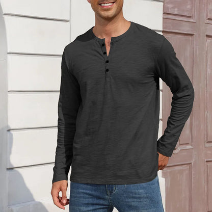 Outono nova camiseta masculina de manga longa casual estilo simples henley pescoço respirável leve algodão topos moda masculina