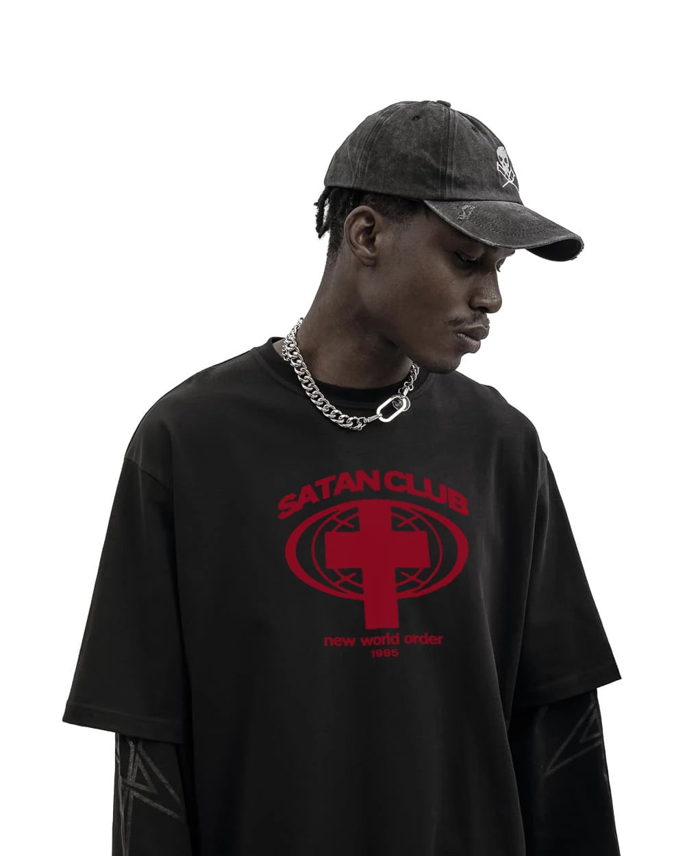 Camiseta gráfica estampada do Satan Club dos homens, roupas Hip Hop, tops de manga comprida, streetwear gótico, Harajuku, Y2K, Hip Hop, 2 peças