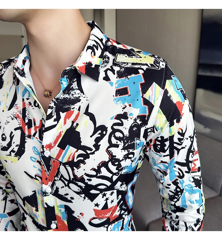 Camisa Coreana Estampada Masculina, Manga Comprida, Fina, Vestido, Festa, Negócios, Social, Boutique, Luxo, Primavera, Outono, 6XL