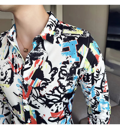 Camisa Coreana Estampada Masculina, Manga Comprida, Fina, Vestido, Festa, Negócios, Social, Boutique, Luxo, Primavera, Outono, 6XL