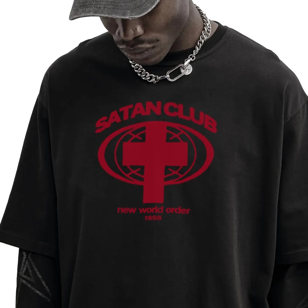 Camiseta gráfica estampada do Satan Club dos homens, roupas Hip Hop, tops de manga comprida, streetwear gótico, Harajuku, Y2K, Hip Hop, 2 peças
