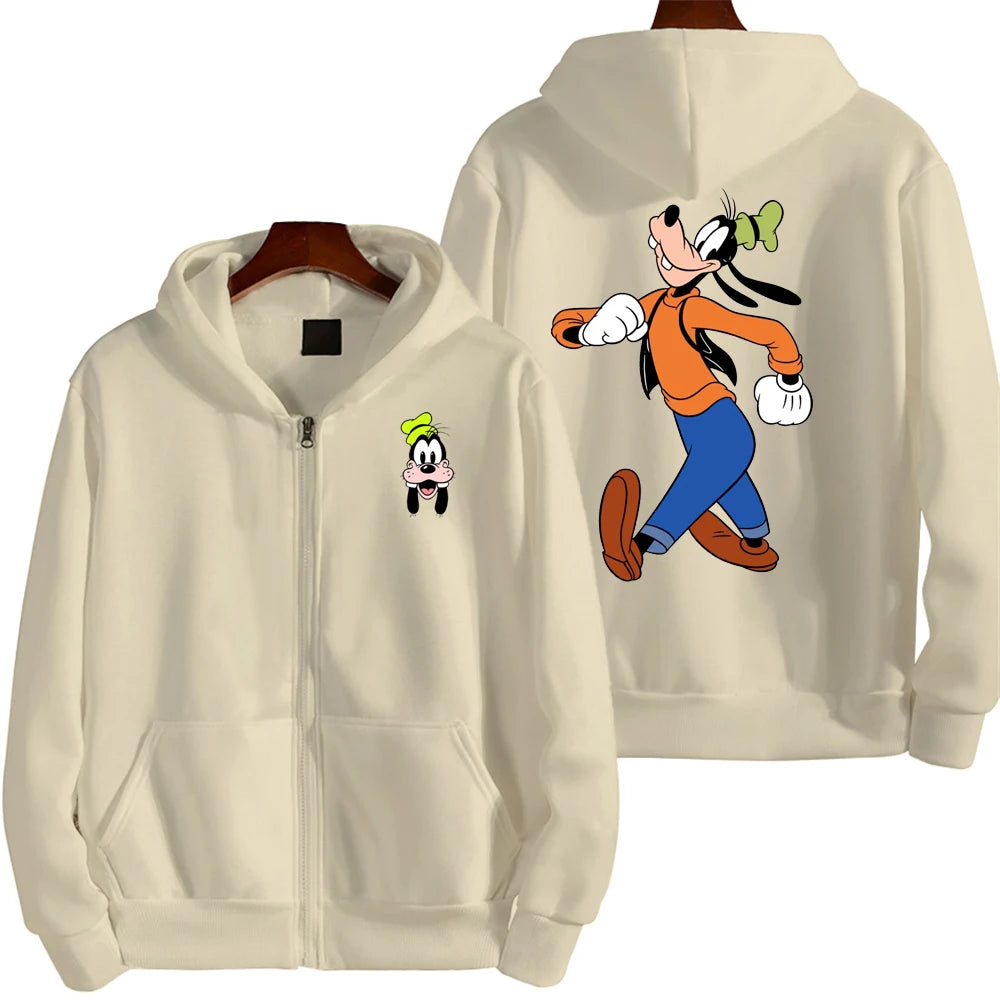 Goofy masculino impressão dos desenhos animados hoodie primavera outono feminino moletom de grandes dimensões com zíper novo casal rua moda casaco