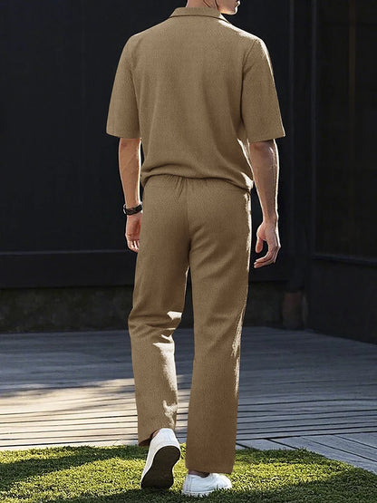 Moda verão roupas texturizadas para homens casual respirável camisa e calças duas peças define lazer masculino ternos de cor sólida