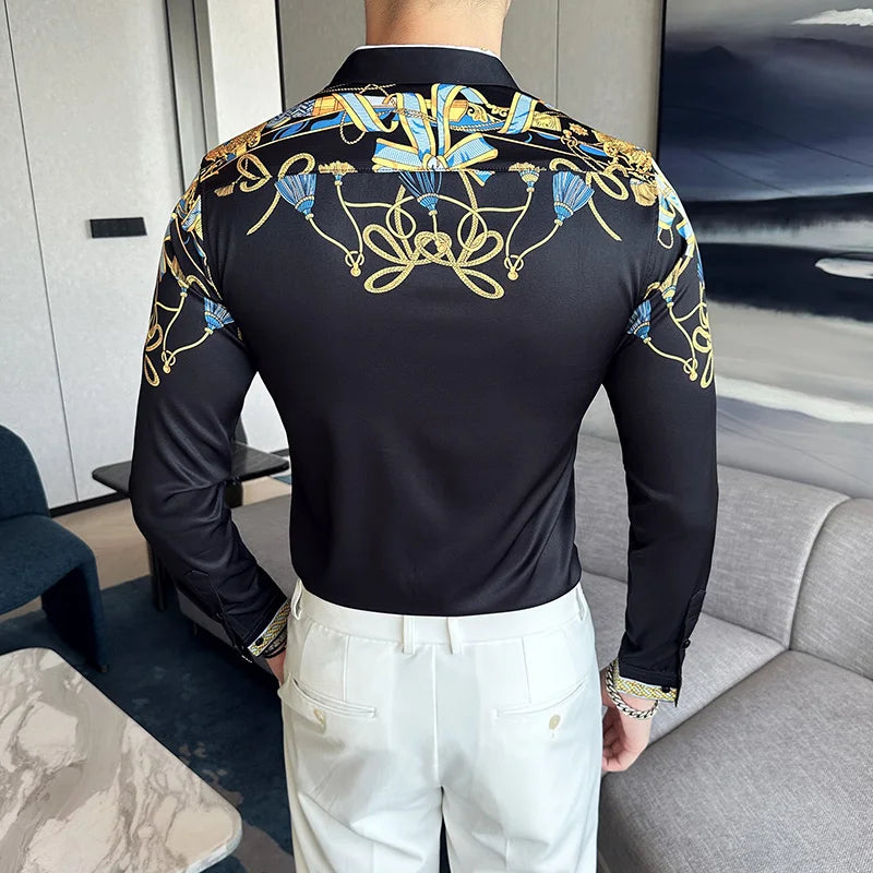 Camisa Coreana Estampada Masculina, Manga Comprida, Fina, Vestido, Festa, Negócios, Social, Boutique, Luxo, Primavera, Outono, 6XL