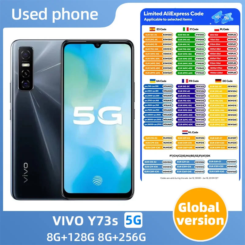 VIVO Y73S 5G 6,44in 2400x1080px Android CPU Dimensidade 720 4100mAh 48MP Câmeras usadas telefone