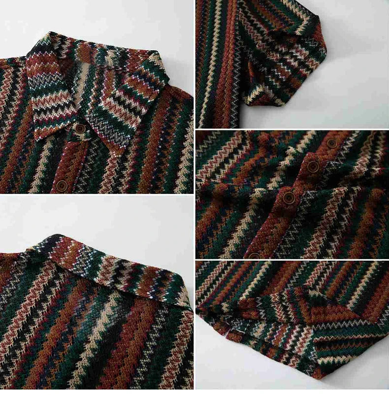 Novo étnico listrado masculino cardigan topos chique oco para fora manga curta casual camisa de renda moda streetwear premium blusa respirável