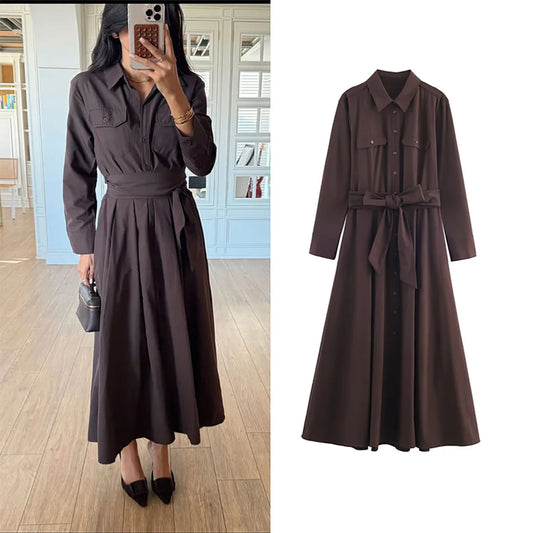 Moda feminina casual elegante vestido longo outono solto camisa-estilo botão cinto saia cor lisa colarinho manga longa anágua
