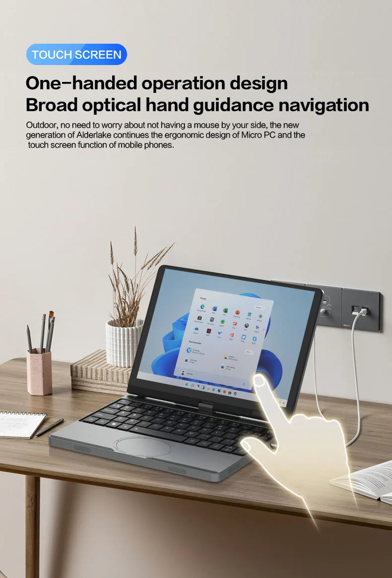 Crelander Yoga Laptop 360° Rotação CPU Intel N150 10,5" Tela sensível ao toque 2K 60Hz Taxa de atualização M2 SSD Desbloqueio facial Mini Laptop