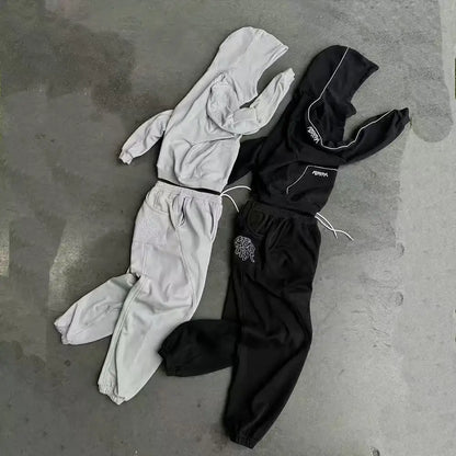 Europeu gótico moda rua terno masculino casual rua esportes camisola e calças casuais terno hip-hop tendência bordado moletom