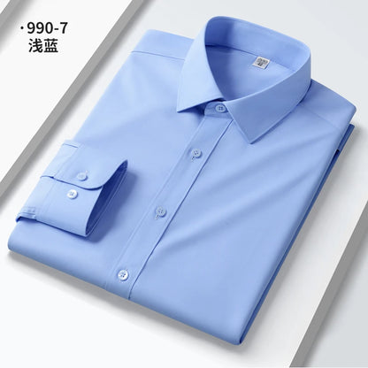Camisa elástica anti-rugas masculina, manga comprida, slim fit, blusa social e de negócios, vestido branco, qualidade