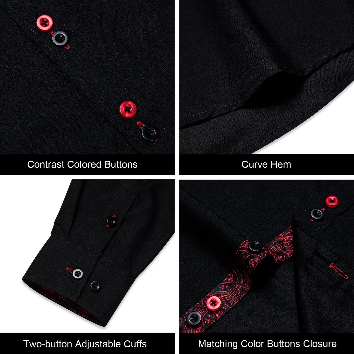 DiBanGu Camisa Masculina de Manga Longa Preto Sólido Vermelho Paisley Cor Contraste Moda Vestido Camisa para Homens Gola Botão para baixo Roupas Masculinas