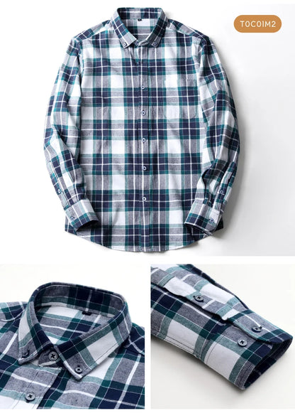 Moda masculina casual xadrez escovado camisa de manga longa, confortável 100% algodão botão para baixo fino ajuste grosso flanela camisas de outono