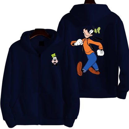 Goofy masculino impressão dos desenhos animados hoodie primavera outono feminino moletom de grandes dimensões com zíper novo casal rua moda casaco