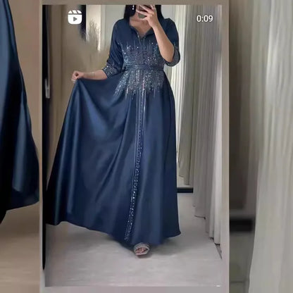Vestido muçulmano de cetim para mulheres, Abaya Dubai, roupão de jantar, roupas diamantadas, moda